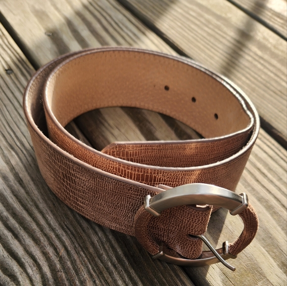 Accessories - Light Brown Leather Textured Belt with Silver Buckle
